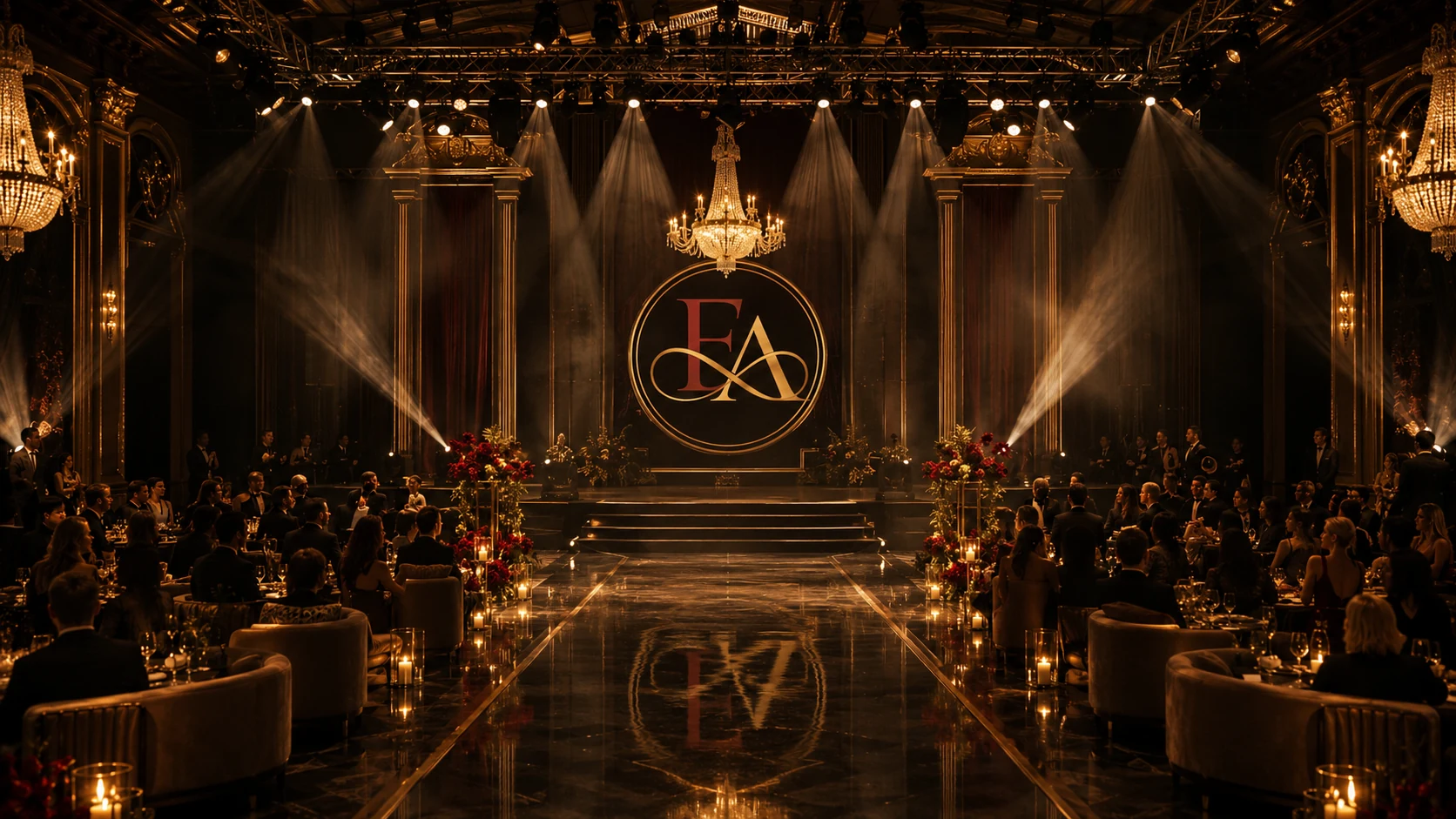 Evara Affairs luxury event stage with audience, warm gold spotlights and grand celebration ambience
